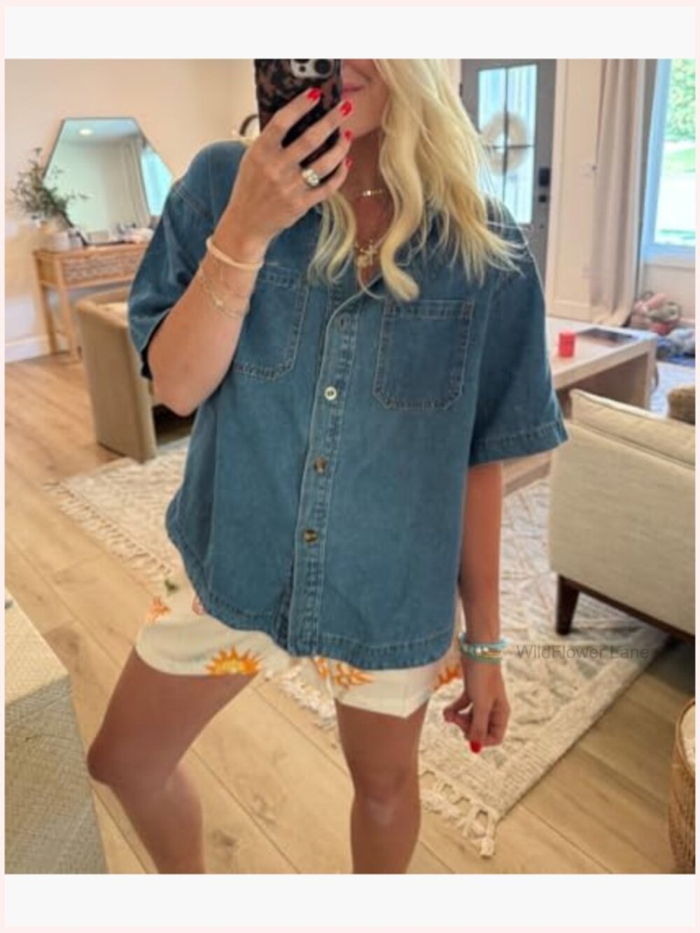 Women's Crop Denim Shirt Button Down Short Sleeve Oversized Jean Top - Picture 3 of 7